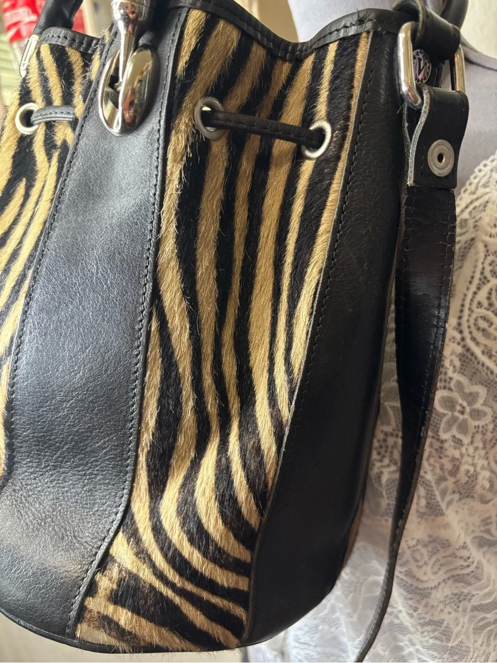 Valentina Black & Cream Zebra-Print Drawstring Bucket bag with Leather Trim